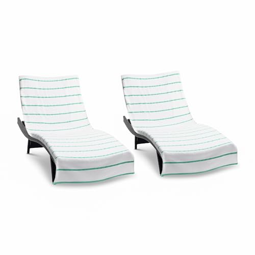 Arkwright Las Rayas Chaise Lounge Cover - Pack of 2 - Terry Towel 100% Striped Soft Cotton with Pocket Holder for Beach Pool Outdoor Chair, 30 x 85 in, Green