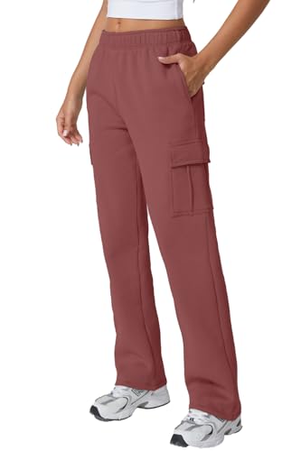 Image of QINSEN Baggy Medium Waist Elastic Sweatpants for Womens Casual Long Fleece Cargo Pants with Pockets