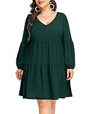 Pinup Fashion Emerald Green Dress Women Plus Size Tunic Long Sleeve Babydoll Shift V Neck Casual Loose Flowy Swing Ruffle Dresses