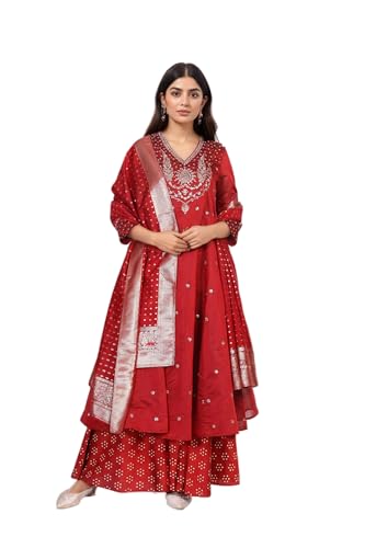 Kurta Anarkali Bandhni jacquard rouge avec Sharara S