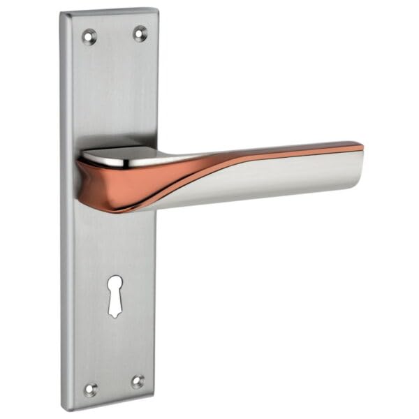 Image of Mortise Lock Set with Door Handle, Silver /Rose Gold Finish, 8 Inch, Complete Lock Set with 3 Keys and Screws, Model MH-1019KY, Two Years Warranty