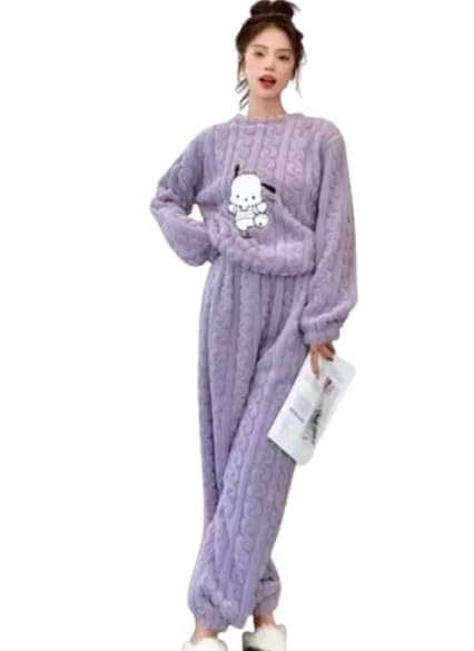 Cute Cartoon Printed Design Winter Pajama Set for Women, Long Sleeve Pajama Lightweight Pjs Set Soft Sleepwear Free Size (28 Till 34) Purple-image-22
