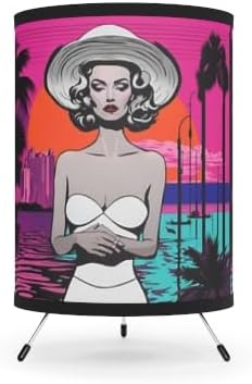 Generic Retro Beach Scene Tripod Table Lamp, Vintage Glam Design, Pink and Turquoise Shade, Boho Room Decor photo 3