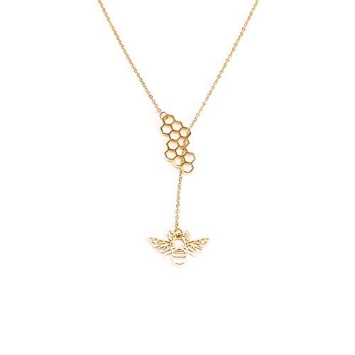 Winssi 18K Gold 316L Stainless Steel Bee Honeycomb Necklace Adjustable Y Lariat Necklace for Women (18K Gold)