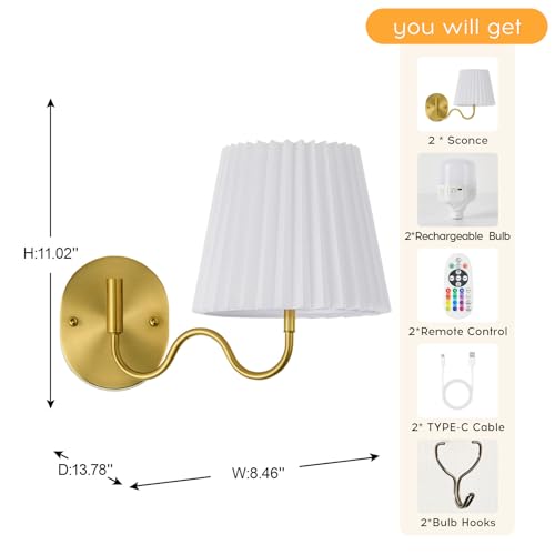 Image of PASSICA DECOR 180 Swing Arm Battery Operated Wall Sconce Set of 2 Wireless Rechargeable LED, 15 Colors Dimmable, Remote Timer, for Bedroom Living Room Gold