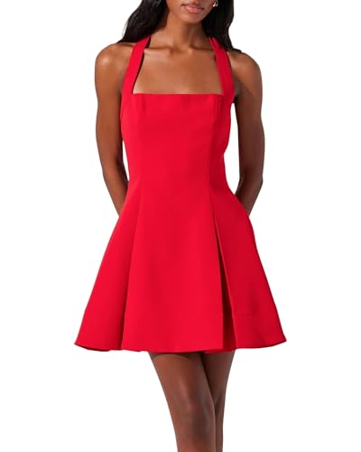 ASTR the label Women's Lilibeth Halter Neck Pleated Mini Dress (Red, Small)
