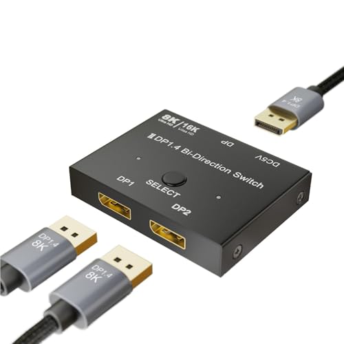 LICAEVEY DP 1.4 Splitter 2 en 1 Salida Bidireccional, 8K@60Hz 4K@240Hz Switcher Splitter, 32Gbps HDR10+ VRR Compatible con PC para Juegos y Múltiples Pantallas
