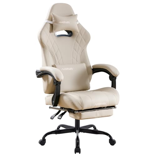 Image of Gaming Chair with Footrest and Massage Lumbar Support, Ergonomic Computer Gamer Chair, Office Video Game Chairs with Adjustable Height and Backrest (Beige)