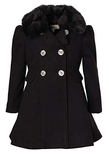 Cremson Girls’ Wool Look Princess Winter Dress Pea Coat Jacket Faux Fur Collar - Black (Size 7/8)