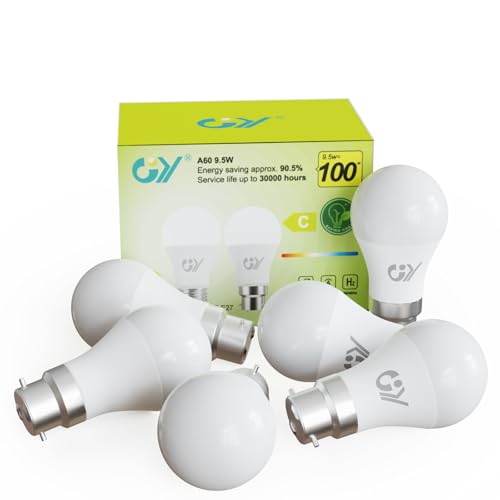 GY Ampoule LED B22 Classe C 9.5W (Équivalent 100W) ，1521 Lumens 6500K Blanc Froid ， A60 Ampoules Culot B22 Baïonnette LED, Économie d'Énergie,Angle 280°, Non-Dimmable，Lot de 6