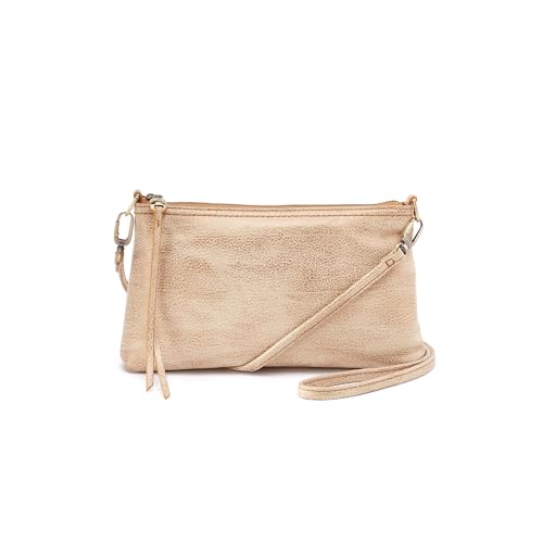 HOBO Darcy Leather Convertible 3-in-1 Crossbody Bag with Removable & Adjustable Strap, Exterior Phone Slip Pocket, Zipper Security, and Fashion Fringe Tassel, Gold Leaf