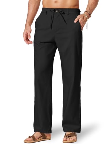 COOFANDY Mens Cotton Linen Pants Casual Drawstring Dress Pants Beach Summer Lightweight Trousers Black