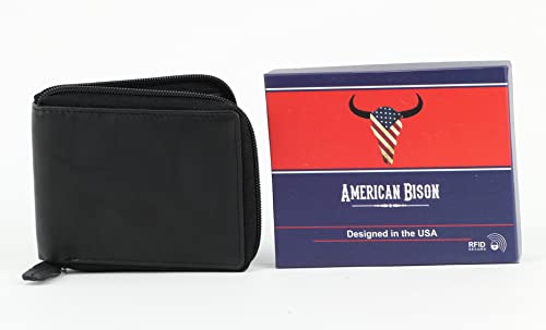 American Bison RFID Zipper Wallet for Men – Premium Cowhide Leather Bifold - Wallet with Gift Box Packing (Black)2