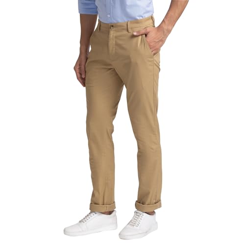 Image of Colorplus Men's Cotton Blend Solid Piece Dyed Pattern Contemporary Fit Flat Front Casual Trouser