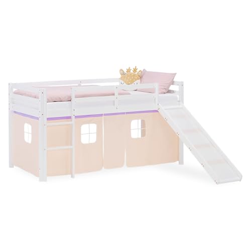 Homestyle4u Hochbett mit Rutsche 90x200 cm Weiß, Kinderbett aus Holz Kiefer, mit Vorhang Lila Beige, Artikel 2950 Homestyle4u Hochbett mit Rutsche 90x200 cm Weiß, Kinderbett aus Holz Kiefer, mit Vorhang Lila Beige, Artikel 2950