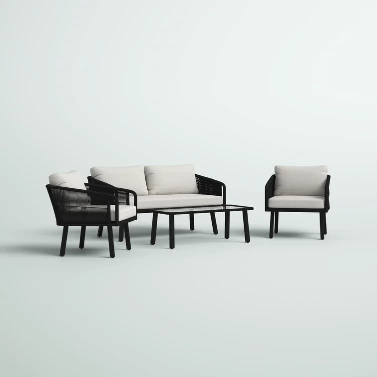 Image of DEVOKO 4 Seater Sofa Outdoor Indoor Conversation Patio Rope Furniture Set with Cushion and Center Table for Garden, Bacony, Poolside (Black & Offwhite)