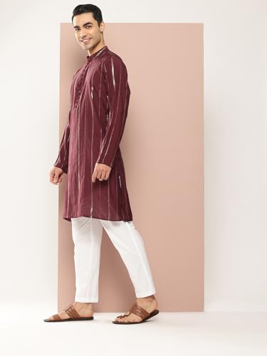 Image of See Designs Men's Long Sleeve Side Slit Chanderi Silk Sequins Mandarin Collar Kurta