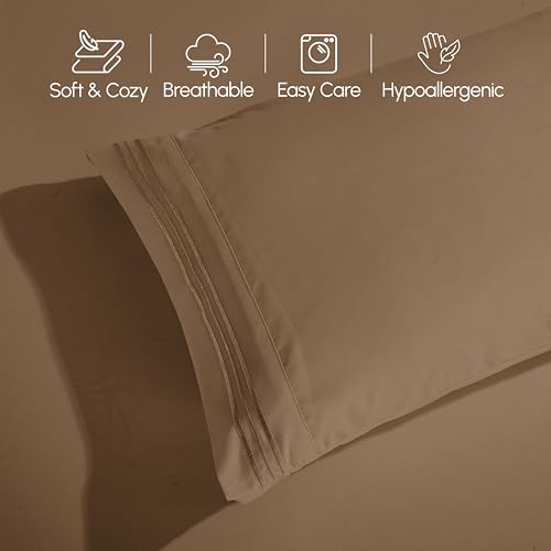 Image of Elegant Comfort Luxurious 1500 Premium Hotel Quality Microfiber Three Line Embroidered Softest 4-Piece Bed Sheet Set, Wrinkle and Fade Resistant, RV Short Queen, Taupe