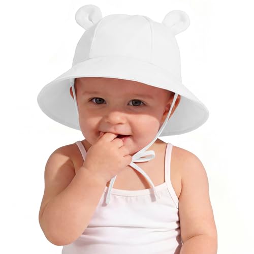 Image of Zando Wide Brim Baby Sun Bucket Hat 0-4T UPF 50+ - Sun Protection Toddler Beach Hats with Bear Ears Infant Hat Adjustable