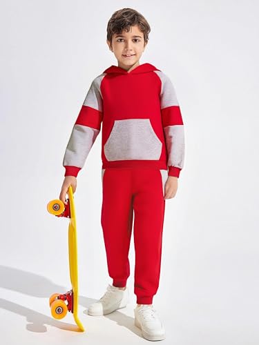 Image of 5-11Y Boys Clothes Long Sleeve Hooded Pullover Colorblock Sweatshirt + Pants 2pcs Fall Winter Outfit Set