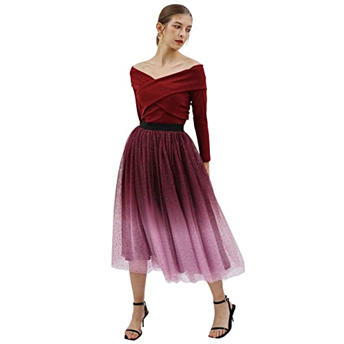 CHICWISH Women's Purple/Burgundy/Pink Festive Sparkle Ombre Tulle Midi Skirt2