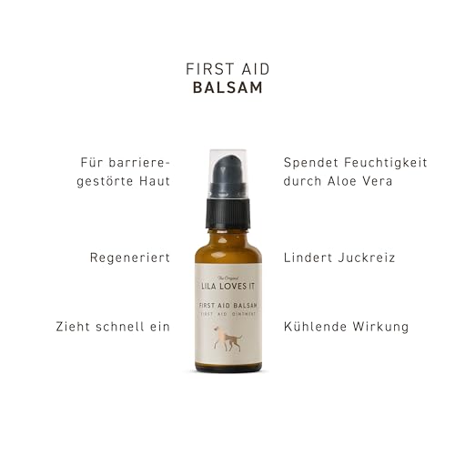 Wundsalbe für Hunde – natürlicher Balsam, mit Aloe Vera und pflanzlichen Ölen, regeneriert und lindert Juckreiz, mit Hyaluron und Zink, FIRST AID BALSAM von LILA LOVES IT, 30 ml