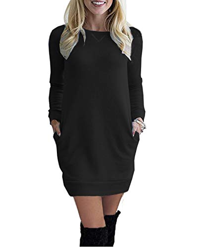 Womens Sweater Dress Casual Long Sleeve Crewneck Black Sweatshirts Tunic Dresses With Pockets L