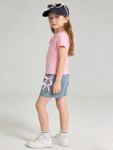 Image of Azmxynol Kid Girls Clothes Outfits Bowknot T-Shirt + 2 In 1 Denim Short Skort Summer Clothing Set, Size 4-10 Years