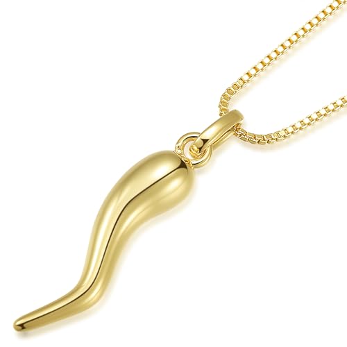 14K Gold Plated Large Cornicello Italian Horn Charm Necklace 18''