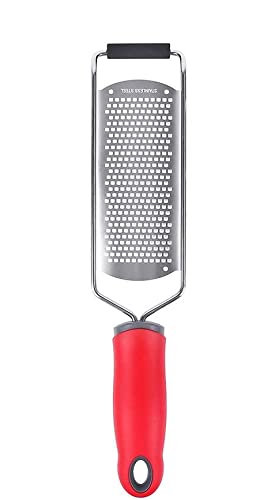 P-Plus International Lemon Zester & Cheese Grater - Parmesan Cheese, Lemon, Ginger, Garlic, Vegetables, Fruits - Razor-Sharp Stainless Steel Blade Protective Cover, Dishwasher Safe 12 Inch Flat (RED)