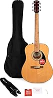 The Fender FA-115 Dreadnought Acoustic Guitar Pack with walnut fingerboard features a natural-finish guitar, gig bag, strap, picks, spare strings, and access to online lessons; Enjoy Fender's legendary quality from the first strum Perfect for beginne...