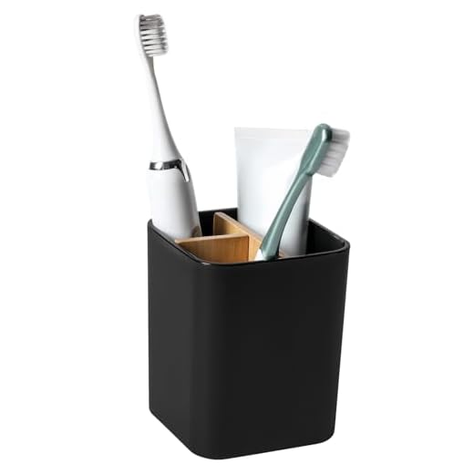 Bamboo Toothbrush Holder for Bathrooms, 3 Slots Toothbrush and Toothpaste Holder Bathroom Counter Organizer for Electric Toothbrushes, Floss, Razors - Black