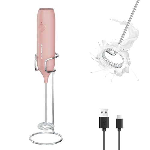 HAUSHOF Espumador de Leche Recargable, Batidor de Mano con Soporte y Cable USB, Ideal para Café, Capuchino y Latte, Uso Diario en Casa y Oficina, Rosa