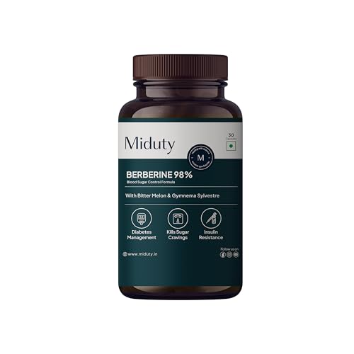 Image of Miduty High Strength Berberine HCL 98% For Metabolism & Blood Sugar Control- Diabetic and Pre-Diabetic Care - Stop Sugar Cravings | 30 Veg Capsule