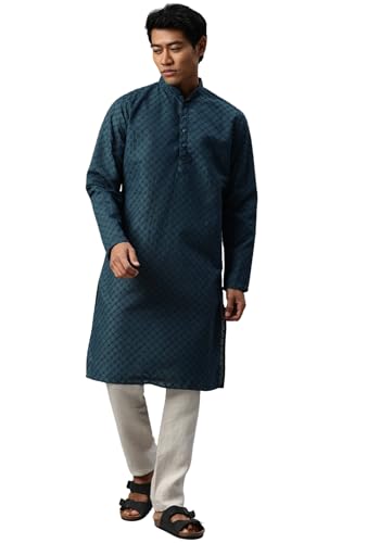 Image of Majestic Man Men's Cotton Blend Regular Fit Casual Polyester Mandarin Collar Ethnic Motifs Embroidered Long Regular Kurta