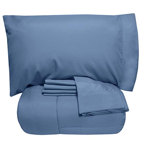 Sweet Home Collection 7 Piece Comforter Set Bag Solid Color All Season Soft Down Alternative Blanket & Luxurious Microfiber Bed Sheets, Full, Denim