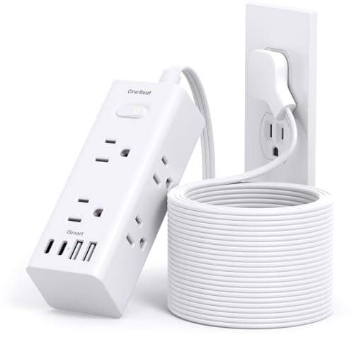20Ft Extension Cord with Multiple Outlets, Flat Plug Power Strip Surge Protector with 20 Ft Long Cord, 6 Outlet 4 USB Ports (2 USB C), Multi Outlet Wall Plug for College, Dorm Room Essentials(White)