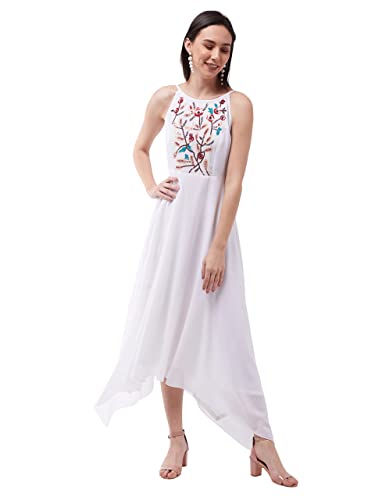 Image of Miss Chase Women's Off White Halter Neck Sleeveless Solid Embellished Maxi Dress