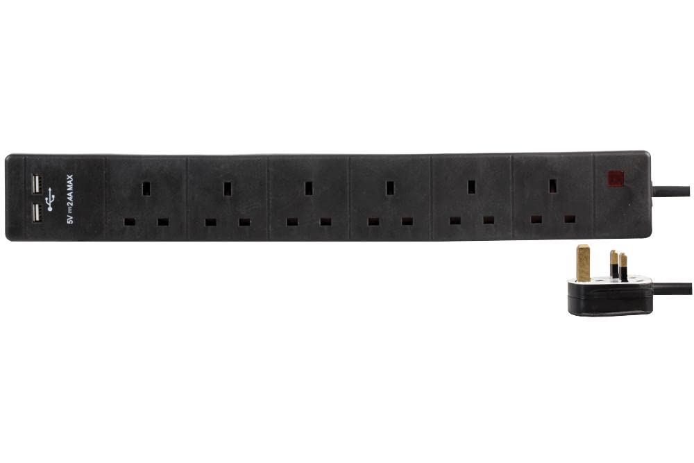 Rozszerzenie 6-drożne z 2 USB, czarne 2 m, listwy zasilające elektryczne, ilość x 1