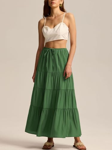Maxi Skirts for Women Summer Layered Elastic Waist Drawstring Skirt A-Line Pleated Beach Vacation Boho Long Skirt2