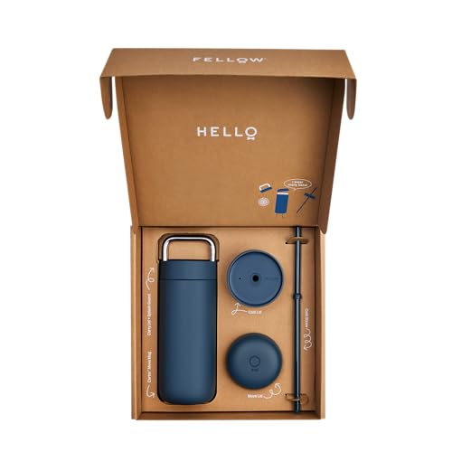 Fellow 16 oz Carter Bundle (3 in 1) Travel Mug with Carry Handle, Move & Cold Lids with Straw - To-Go Coffee Tumbler, Ceramic Interior & Vacuum-Insulated Stainless Steel - Coffee Cups-Stone Blue