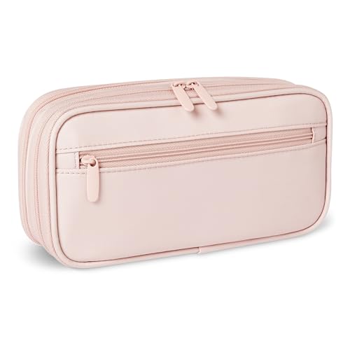 Amazon Basics Estuche Multicompartimentos, Portalápices de Gran Capacidad para Escuela y Oficina, Talla L, Liso Rosa Suave