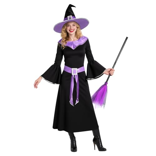 BSBUY Fantasia de bruxa para mulher roxo, vestido de mulher mangas compridas e chapéu de bruxa e vassoura e autocolante de borracha, disfarce mágico para mulheres, para o Halloween terror cosplay