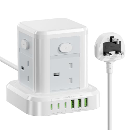 Cube Extension Lead with USB Slots 4 Way Multi Plug Extension Socket with 3 USB C 3 USB A(13A/3250W) Tower Power Strip with 4 Independent Switches 1.5M Extension Cords for Desk Home Office Travel
