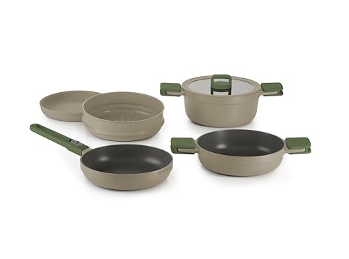 BRA Compac Pro Ceramic | Batería de cocina apilable de 5 piezas, aluminio fundido con antiadherente cerámico, compatible con todo tipo de cocinas, incluida inducción