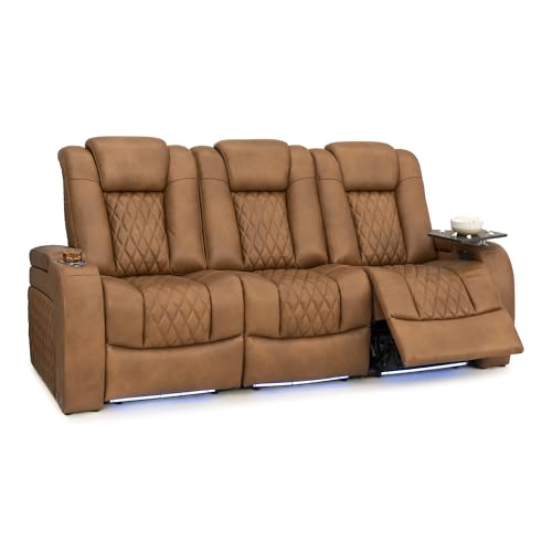 Image of Seatcraft Diamante Tawny Italian Leather Home Theater Seating, Zero Gravity Power Recliner Gaming and Home Office Chair, Powered Headrest Lounge Sofa Furniture for Cinema Room, Row of 3 Sofa