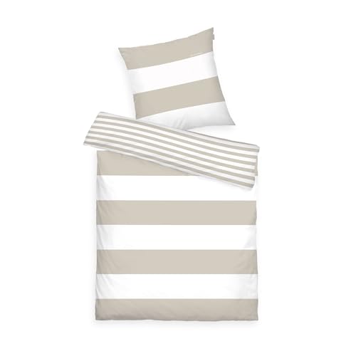 TOM TAILOR Renforcé-Bettwäsche, 80x80 cm + 135x200 cm, 100% Baumwolle/Renforcé, mit Wendemotiv und Markenreißverschluss, SIENA, Beige/Sand, Weiß