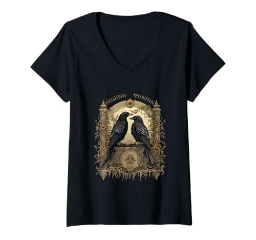 Femme Huginn And Muninn Odin Ravens Mythologie Norse Culture T-Shirt avec Col en V