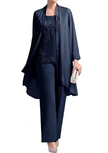 3 Piece Mother of Bride Pant Suits for Wedding Plus Size Lace Formal Wedding Guest Outfit with Jacket CD090 Navy Blue