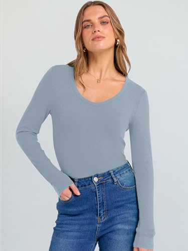 Image of ANRABESS Long Sleeve V Neck Shirts for Women | Soft Comfy Ribbed Knit Fitted Tshirts, Casual Going Out Tops, 2026 Trendy Basic, Fall Winter Underscrub Layering Clothes